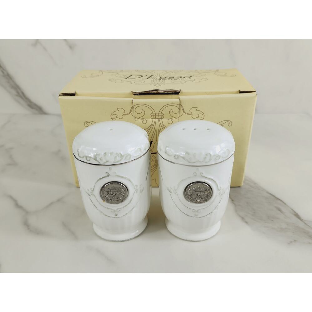 D'Lusso Salt & Pepper Shakers Home Collection Ceramic 3 1/4" White Pewter Vtg